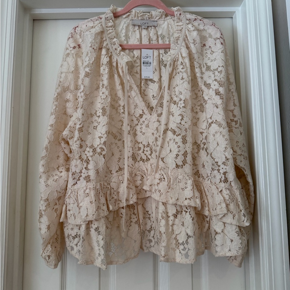 LOFT Cream Lace Ruffle Blouse - Picture 2 of 6